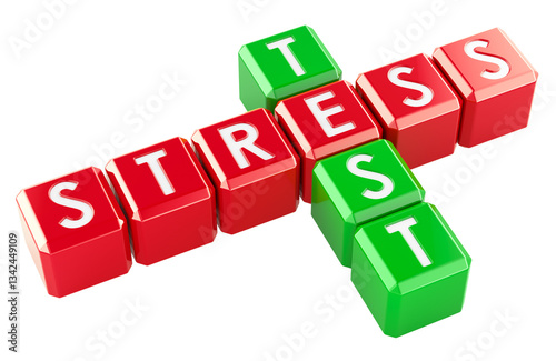 Stress Test concept, stress and test words crossed from colored cubes. 3D rendering isolated on transparent background