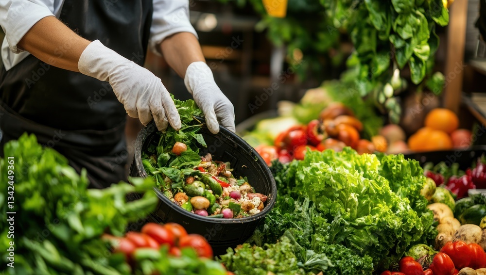 Obraz premium Culinary Delights: A Chef Prepares Fresh Ingredients at a Vibrant Farmers Market