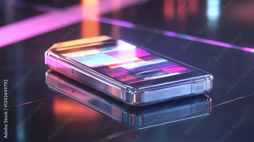 Futuristic Smartphone with Neon Reflections on a Glossy Surface Futuristic Smartphone with Neon Reflections on a Glossy Surface