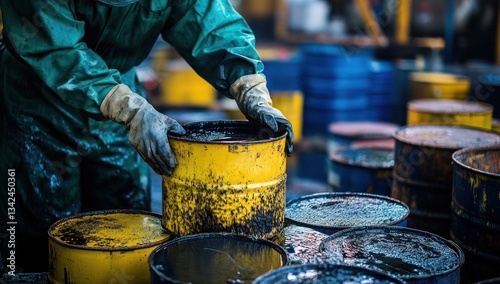 Hazardous Waste Disposal: Worker Handling Contaminated Barrels