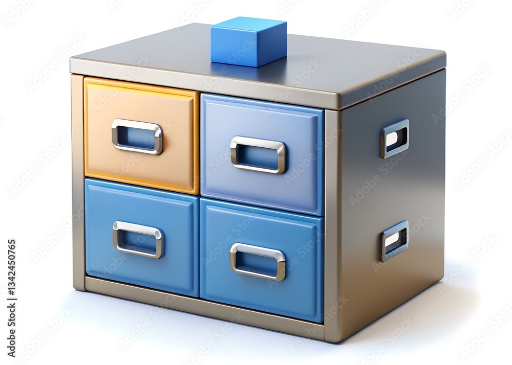 The Organized Workspace: A meticulously designed metal filing cabinet with four drawers, each in a distinct color, topped by a minimalist blue cube, suggesting efficient organization and storage. The Organized Workspace: A meticulously designed metal filing cabinet with four drawers, each in a distinct color, topped by a minimalist blue cube, suggesting efficient organization and storage.