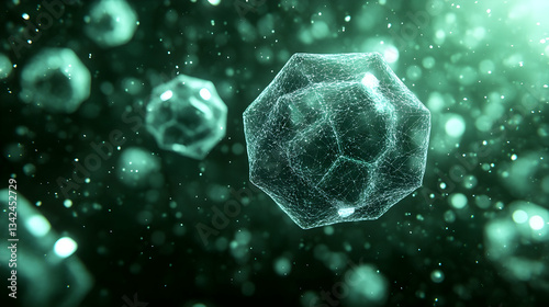 Microscopic view of abstract green geometric shapes, resembling cells or molecules, floating in a dark background with bokeh effect.