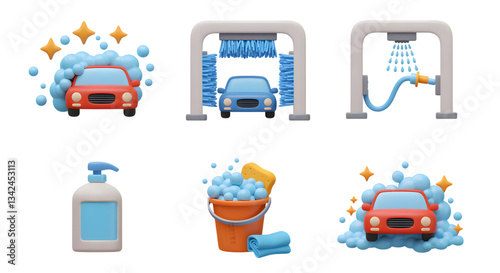 Car Washing Service Icons with Soap, Water and Sponge on Black