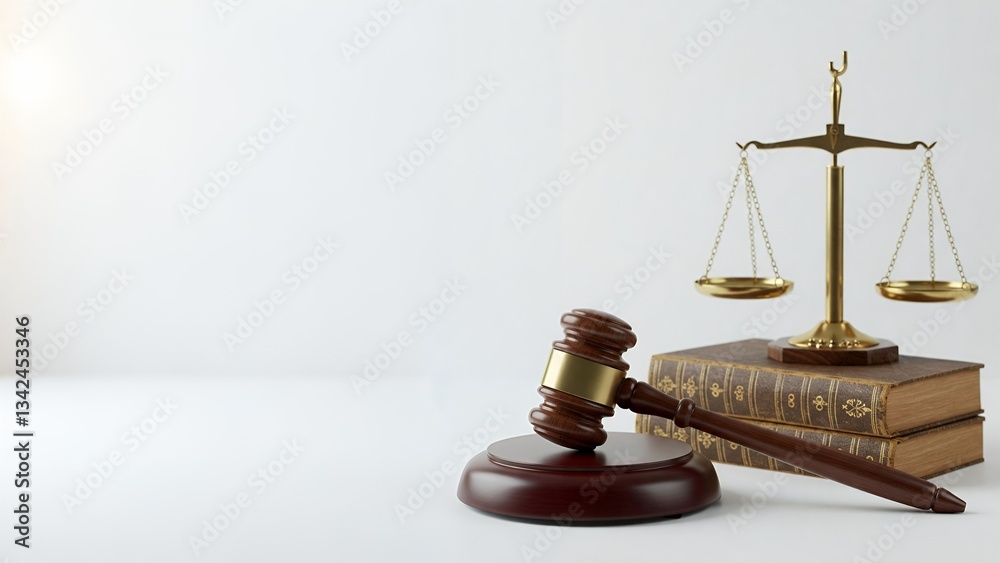 Justice Scales and Gavel on a White Background. A studio shot showcasing a wooden gavel resting on a wooden block, balanced against a golden scale of justice. Justice Scales and Gavel on a White Background. A studio shot showcasing a wooden gavel resting on a wooden block, balanced against a golden scale of justice.