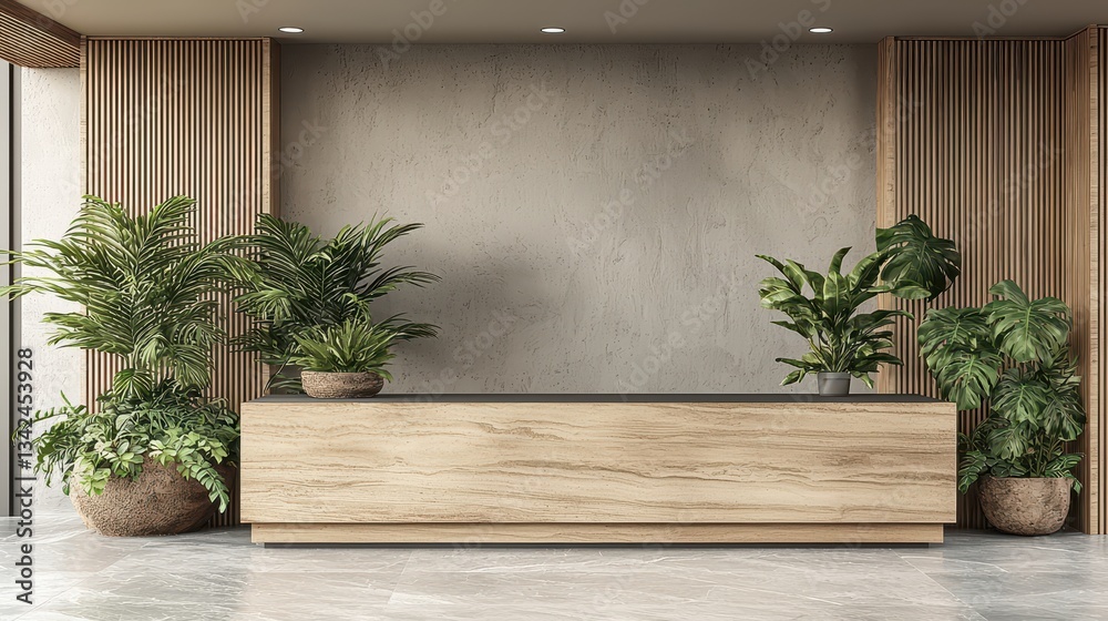 Hyper-realistic interior of a modern town hall featuring a wooden reception desk and vibrant greenery for executive events Hyper-realistic interior of a modern town hall featuring a wooden reception desk and vibrant greenery for executive events