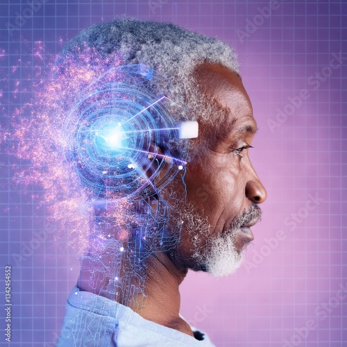 creative beautiful human being profile, photoshop dispersion effect portrait turning into robot on background
