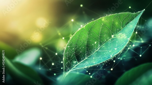 This digital illustration showcases a vibrant leaf intertwined with networks, symbolizing breakthroughs in eco technology, modern agriculture, and significant biotechnological advancements