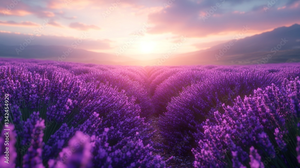 Obraz premium Lavender Sunset: Serene Purple Fields at Golden Hour