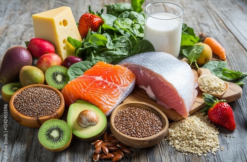 Colorful Plate of Salmon, Fruits, and Vegetables for a Healthy Meal : Generative AI photo