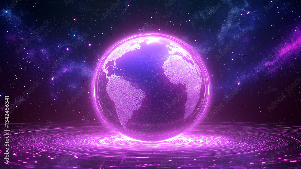 Fototapeta premium glowing purple Earth floats in cosmic setting, surrounded by vibrant, swirling energy field. scene is set against backdrop of stars and galaxies, creating futuristic and mystical atmosphere