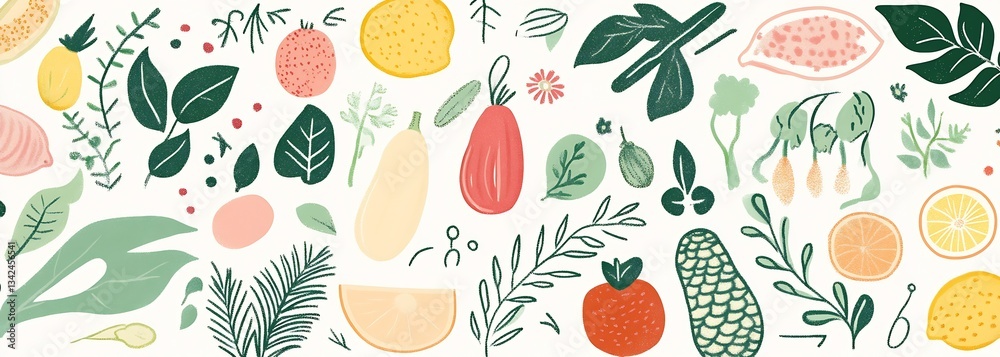 Charming illustrated assortment of fresh fruits and vegetables showcasing rich colors and delightful details : Generative AI Charming illustrated assortment of fresh fruits and vegetables showcasing rich colors and delightful details : Generative AI