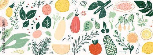 Charming illustrated assortment of fresh fruits and vegetables showcasing rich colors and delightful details : Generative AI