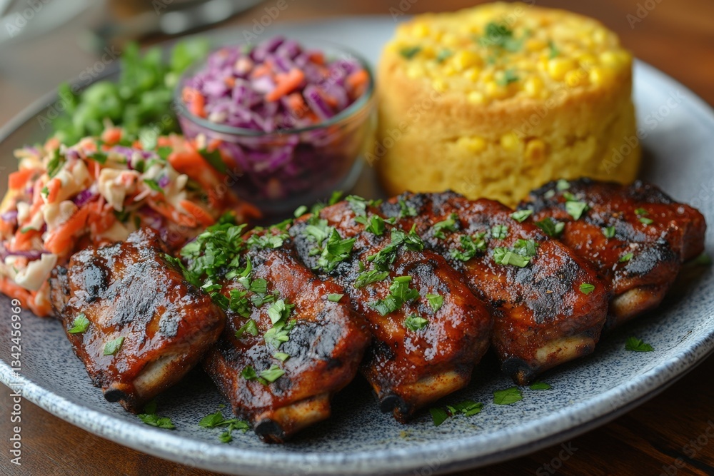 Savory Southern BBQ Ribs Served With Flavorful Coleslaw and Cornbread on a Vibrant Plate Savory Southern BBQ Ribs Served With Flavorful Coleslaw and Cornbread on a Vibrant Plate