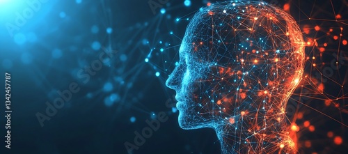 Abstract Human Profile Enhanced with Digital Nodes and Energetic Light Effects for a Futuristic Appeal : Generative AI