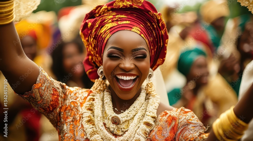 Fototapeta premium Joyful woman celebrating in traditional colorful wedding attire with jewelry