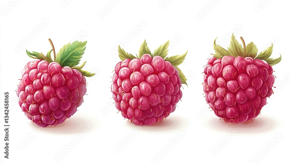 Three ripe raspberries are displayed against a stark white backdrop Three ripe raspberries are displayed against a stark white backdrop