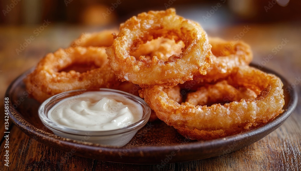 Crispy golden onion rings served with creamy dipping sauce (1) Crispy golden onion rings served with creamy dipping sauce (1)