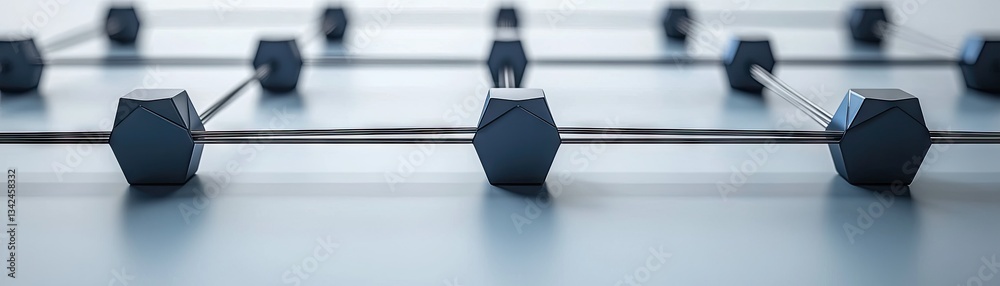 Hexagons interconnected on surface, background blurs; data network concept