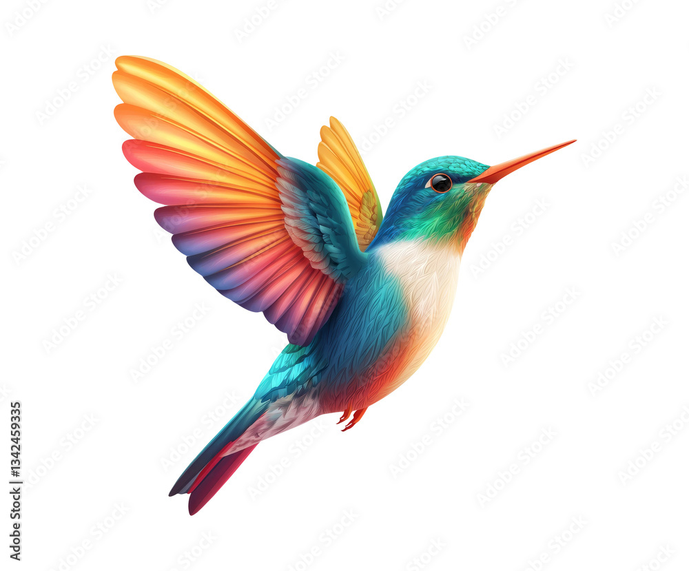 Fototapeta premium Vibrant Hummingbird with Colorful Wings in Mid-Flight Illustration