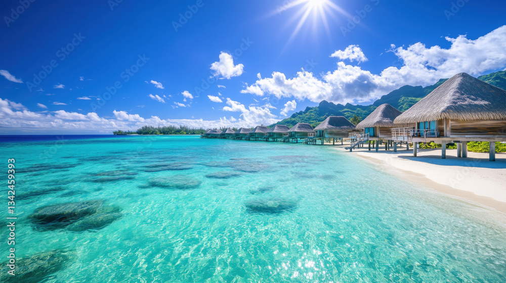 Fototapeta premium Aerial View of a Tropical Island with Pristine White Sand Beaches Crystal Clear Waters and Luxurious Overwater Bungalows Under a Bright Blue Sky