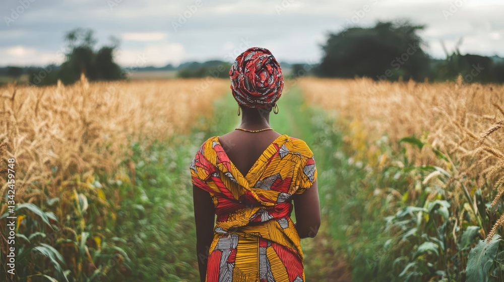 Fototapeta premium A woman in vibrant clothing walking through a wheat field