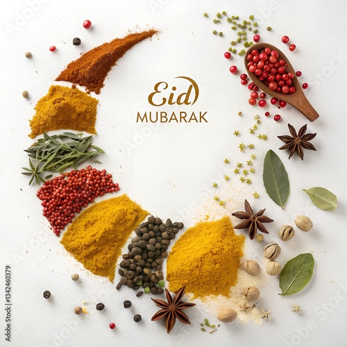 Eid Mubarak Card Spices and herbs on a white background with wooden frame and holiday decorations photo