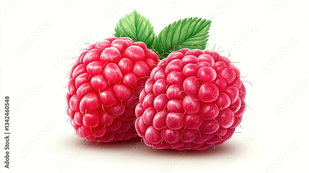 Two freshly picked ripe raspberries with green leaves on display Two freshly picked ripe raspberries with green leaves on display