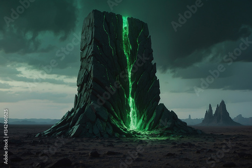 Green Rift Monolith: A Glowing, Ancient Structure in a Desolate Wasteland.