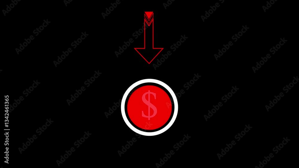 Glowing Arrow red color tik suggests Click now with dollar on black background..