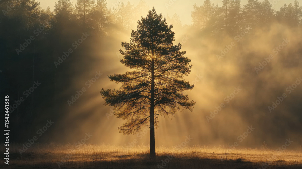 A single tall pine tree in a misty field, glowing golden sunlight filtering through the branches, dramatic lighting and deep shadows