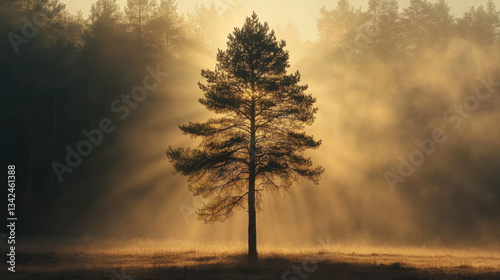 Obraz na płótnie A single tall pine tree in a misty field, glowing golden sunlight filtering through the branches, dramatic lighting and deep shadows w salonie