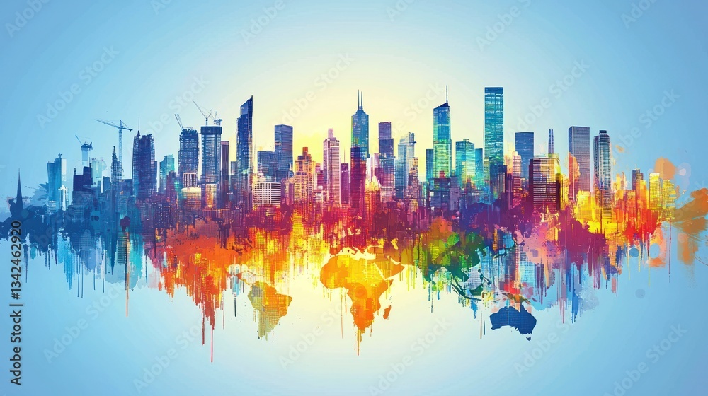Fototapeta premium Colorful cityscape reflected in a watercolor world map.