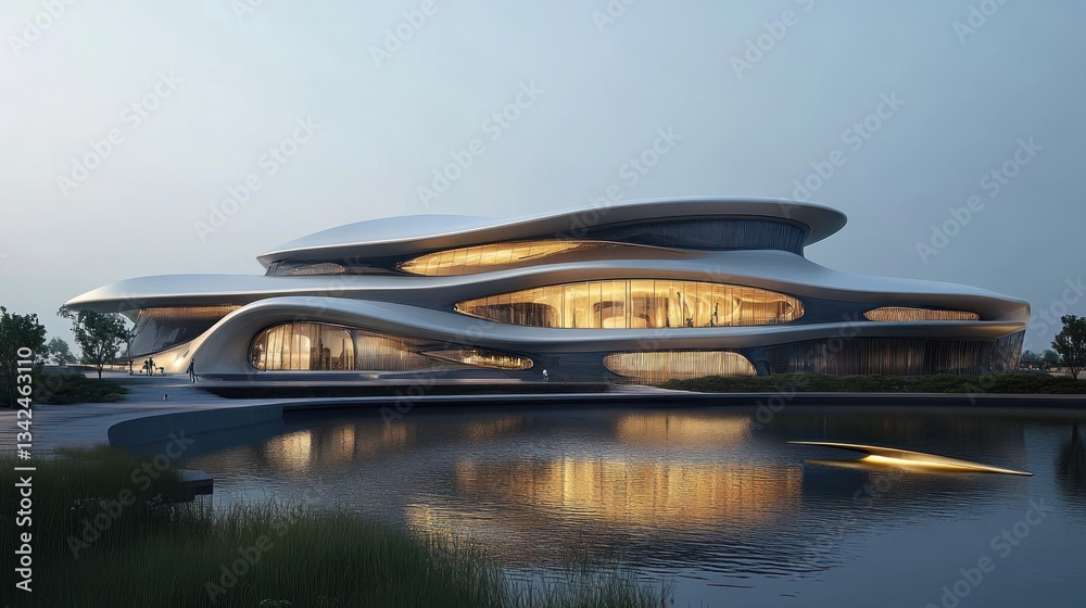 Obraz premium Modern, wave-shaped building illuminated at dusk, reflecting in calm water.
