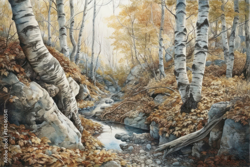 Beautiful autumn landscape with river and birch trees. Digital painting.