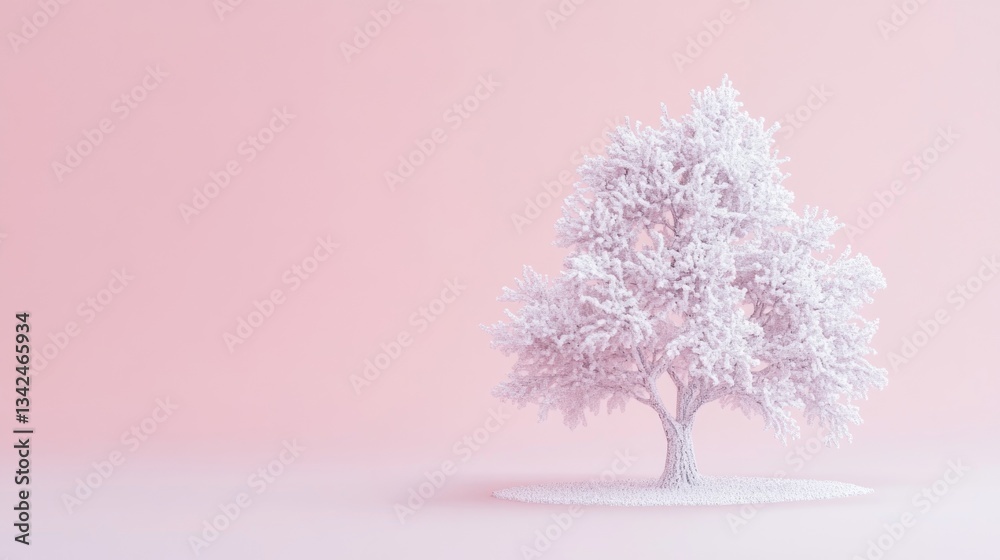 Fototapeta premium A solitary white tree stands on a pink minimalist backdrop