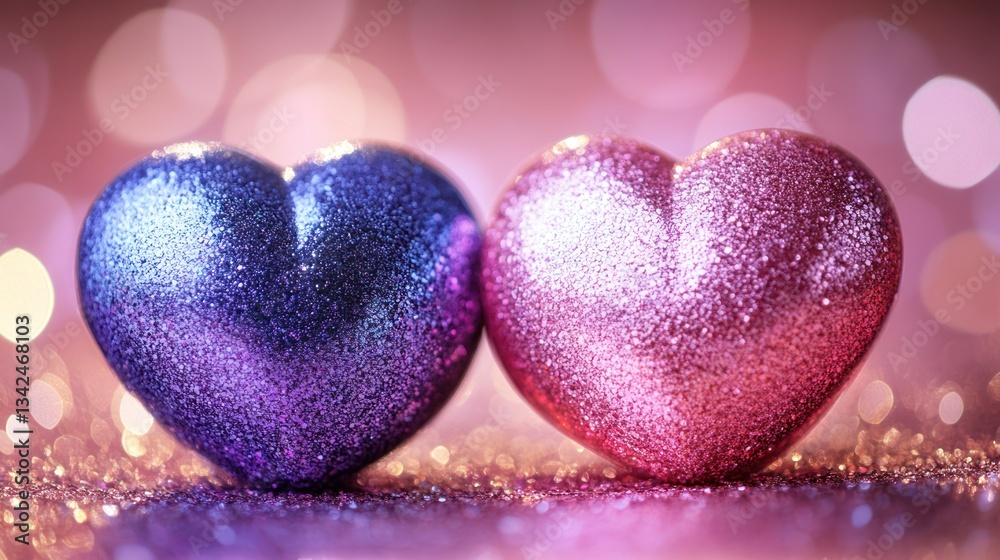Obraz premium Two glittering hearts, pink and purple, on sparkly background.