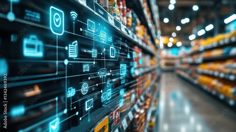 custom made wallpaper toronto digitalSmart supermarket aisle with digital overlay showing inventory management and customer data.