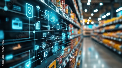 Wallpaper Mural Smart supermarket aisle with digital overlay showing inventory management and customer data. Torontodigital.ca