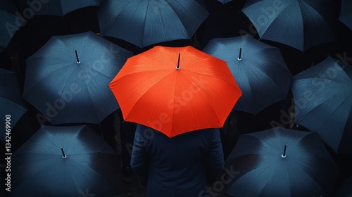 A person is standing in front of a group of umbrellas, one of which is red
