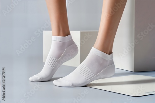 mockup of white long socks with high elastic band on women's beautiful legs with stretched toes side view for design branding template of gaiters on ankle isolated on background with shadows çorap