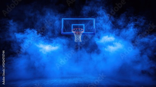 Fototapeta Naklejka Na Ścianę i Meble -  Basketball hoop in blue smoke, dark background.