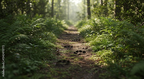 Following Footprints on Forest Path Through Lush Greenery and Sunlight