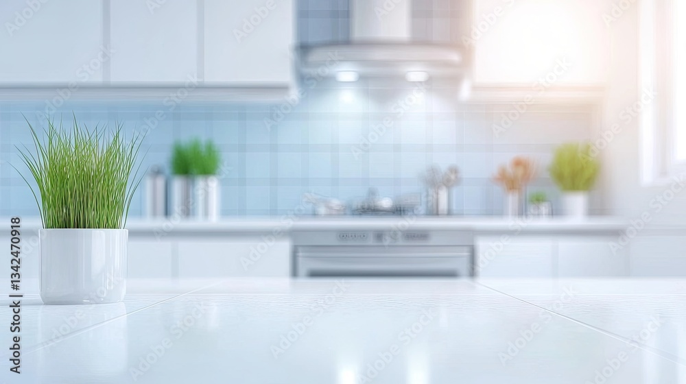 Fototapeta premium Green plant on countertop in kitchen. Modern, clean, bright and spacious. For product presentation