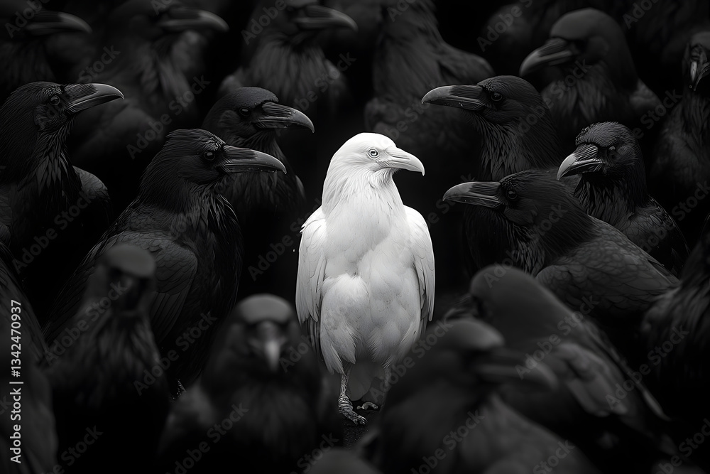 Fototapeta premium White Crow Among Black: Unique Bird