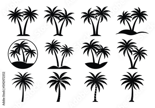 Set of black palm tree silhouettes isolated on white background