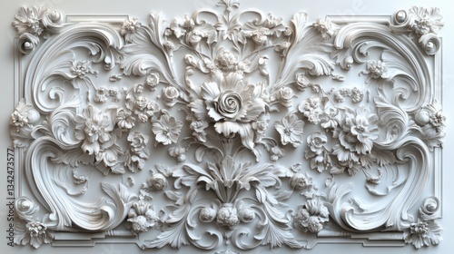 Intricate white floral relief carving.
