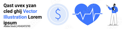 Dollar sign coin, heart with heartbeat graph, and presenter pointing on board. Ideal for finance, healthcare, presentations, data analysis, education, teamwork simple landing page