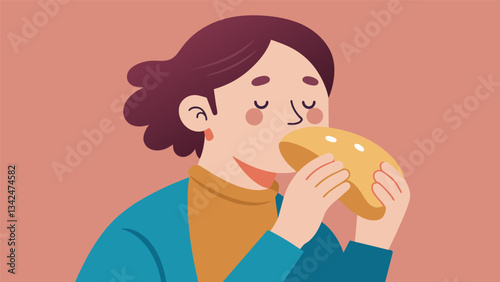 A person mindfully chews a piece of bread focusing on the texture and the feeling of chewing before swallowing.. Vector illustration