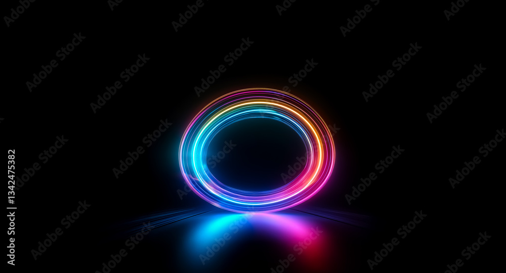 A vibrant circular light form illuminates against a stark black backdrop, casting a colorful reflection on a glossy surface. The glowing ring displays a spectrum of rainbow hues. A vibrant circular light form illuminates against a stark black backdrop, casting a colorful reflection on a glossy surface. The glowing ring displays a spectrum of rainbow hues.