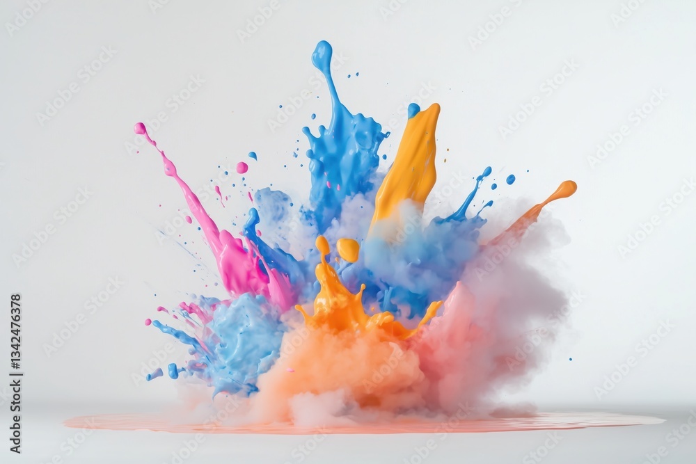 Fototapeta premium Explosão vibrante de tinta colorida com tons de azul, rosa, laranja e amarelo, capturada em movimento dinâmico, criada com IA generativa para um efeito visual impressionante